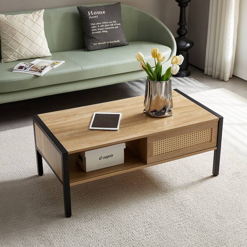 Rattan Coffee Table Modern Living Room Table with Sliding Rattan Door Panel Solid Wood Legs, for Living Room - Yellow