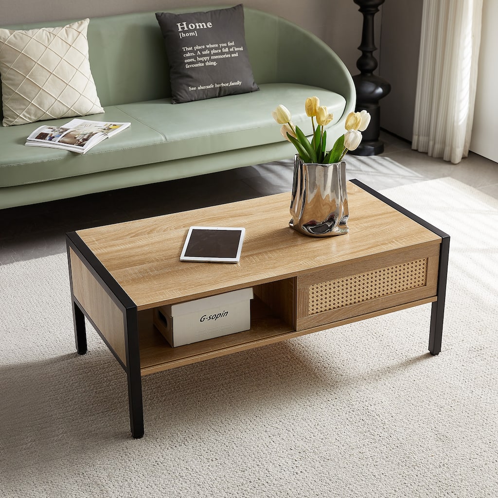 Stylish Rattan Coffee Table with Storage, Metal Legs, and Exquisite Design for Versatile Use