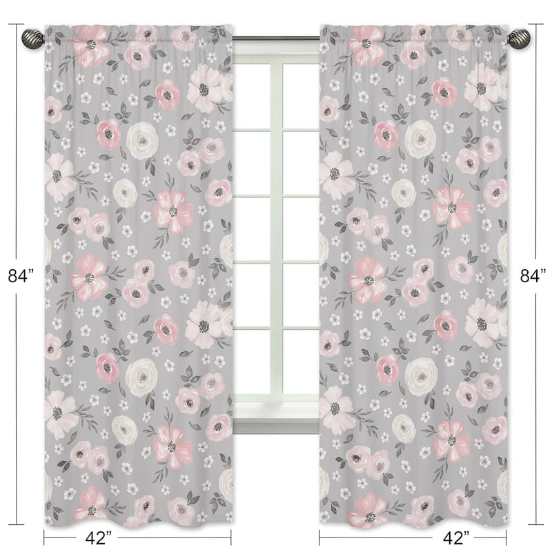 Grey Watercolor Floral 84-inch Window Treatment Curtain Panel Pair - Blush Pink Gray White Shabby Chic Rose Flower Farmhouse