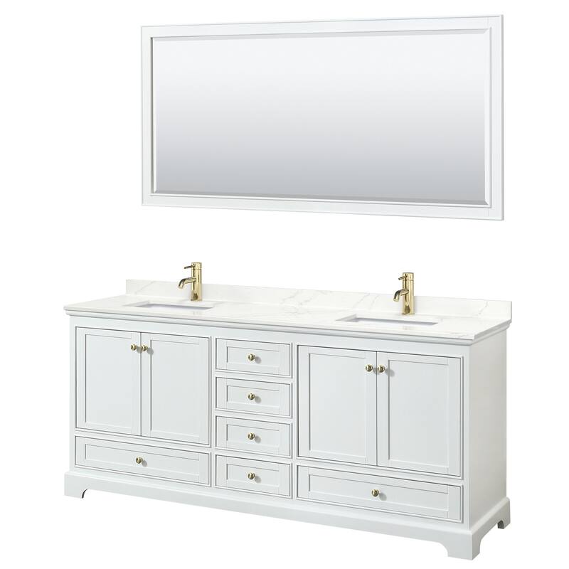 Deborah 80-inch Double Vanity, Quartz Top, 70-inch Mirror - White, Gold Trim, Giotto Quartz Top
