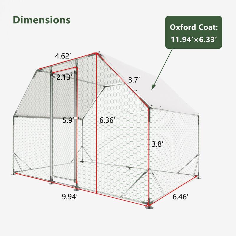 Large Walk-In Metal Chicken Coop – Flat-Shaped Poultry Cage Run with Waterproof Cover‌ - Silver