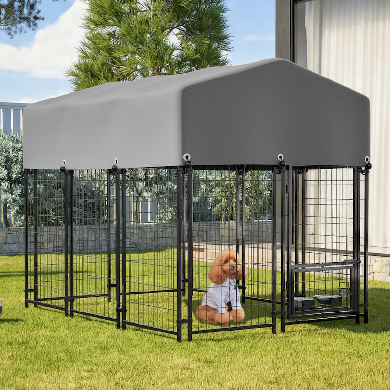 GDFStudio - Large Outdoor Heavy Duty Metal Dog Kennel with Roof, UV-Resistant Waterproof Cover, Double Lock & Rotating Feeder - 1.8x1.3x1.5M
