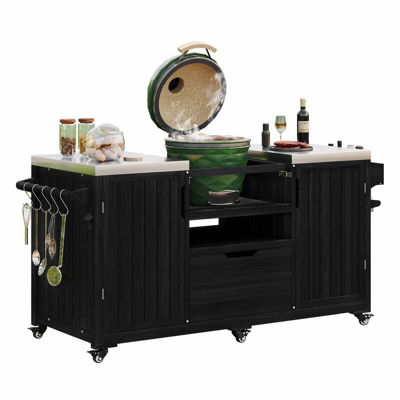 66.5" Outdoor Kitchen Island for Big Green Egg Grills, Solid Wood Grill Cart with Stainless Steel Top