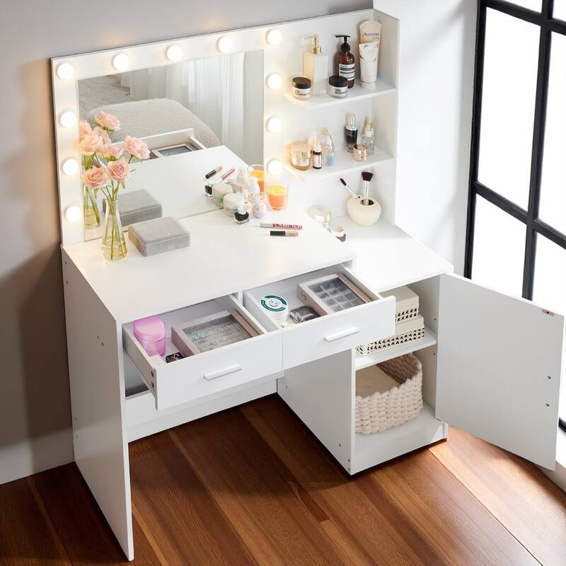 Makeup Vanity with Mirror and Lights, 46.4" Dressing Table with Storage Drawers, Shelves & 3 Light Modes