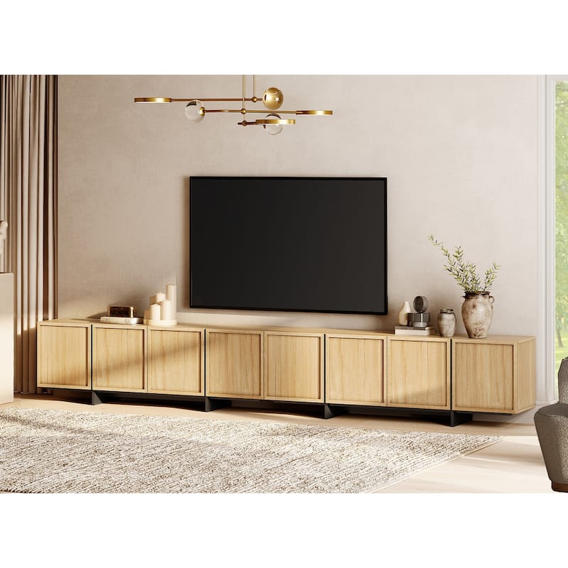 WAMPAT TV Stand with T-Shaped Legs, Modern Entertainment Center with 4 Storage Cabinets, Media Console TV Table for Living Room - 141 inches - Oak