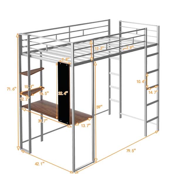 dimension image slide 1 of 2, Twin Size Metal Loft Bed with Ladder, Fence, Shelves, and Desk