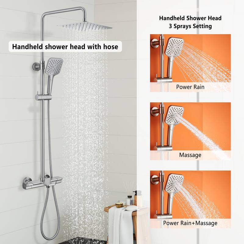 3-Spray Patterns Tub Wall Mount Dual Shower Heads Thermostatic Shower Faucet - 9.8" x 9.8"