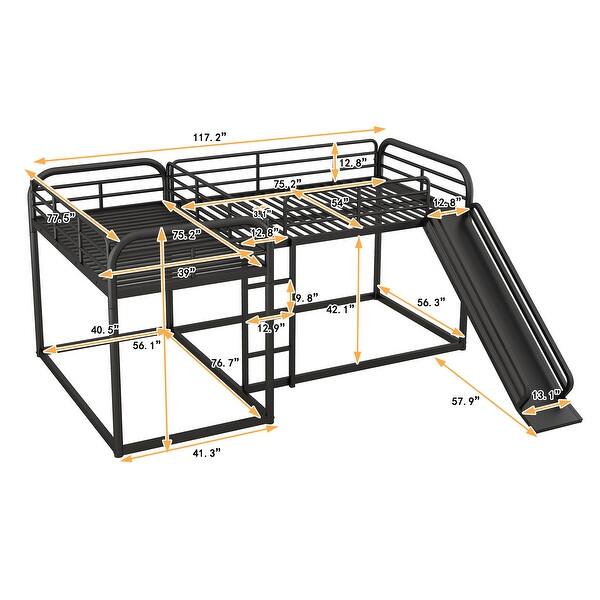dimension image slide 1 of 2, Full and Twin Size L-Shaped Bunk Bed with Slide, Short Ladder, and Safety Guardrails, Perfect for Kids and Guests, Black