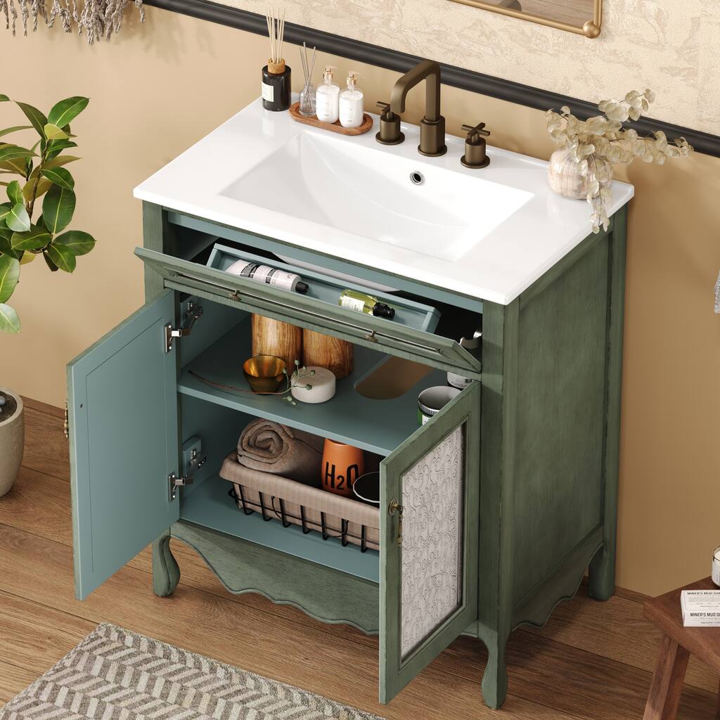 Christopher Knight Home - 30" Antique Pattern Bathroom Vanity with Ceramic Sink & Flip-Out Drawer