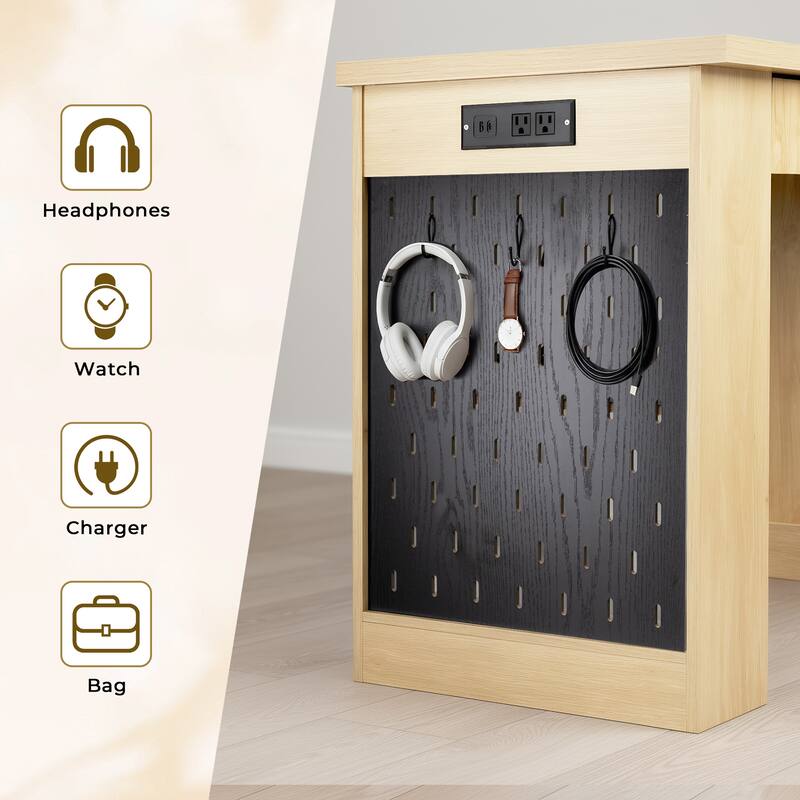 Roomfitters 55" Modern Fluted Office Desk with Charging Station, Storage Cabinet & Pegboard