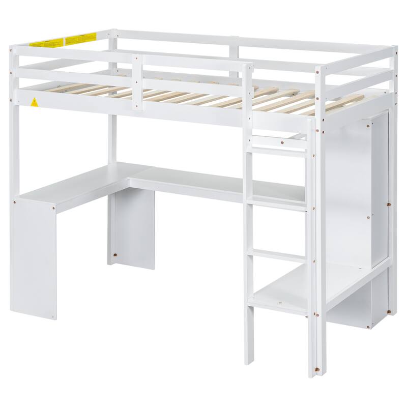 MERAX Loft Bed with L-shaped Desk, Wardrobe and Storage Shelves