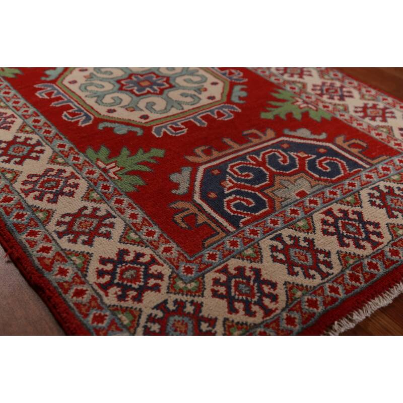 Bedroom Red Kazak Foyer Rug Hand-Knotted Geometric Wool Carpet - 2'8"x 4'0"