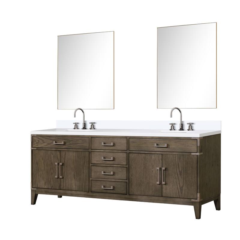 Laurel 60 in W x 22 in D Black Oak Double Bath Vanity, White Quartz Top, Faucet Set, and 28 in Mirrors