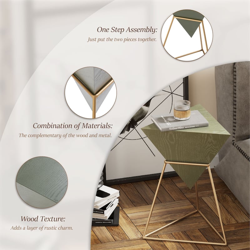 COZAYH Modern Geometric End Table with Wooden Top and Metal Base, Unique Pyramid Side Table Plant Stand for Office, Triangle