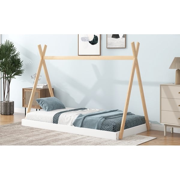 slide 2 of 10, White+Natural Tent Bed Full Teepee Bed Frame Twin Montessori Floor Bed White+Natural - Twin