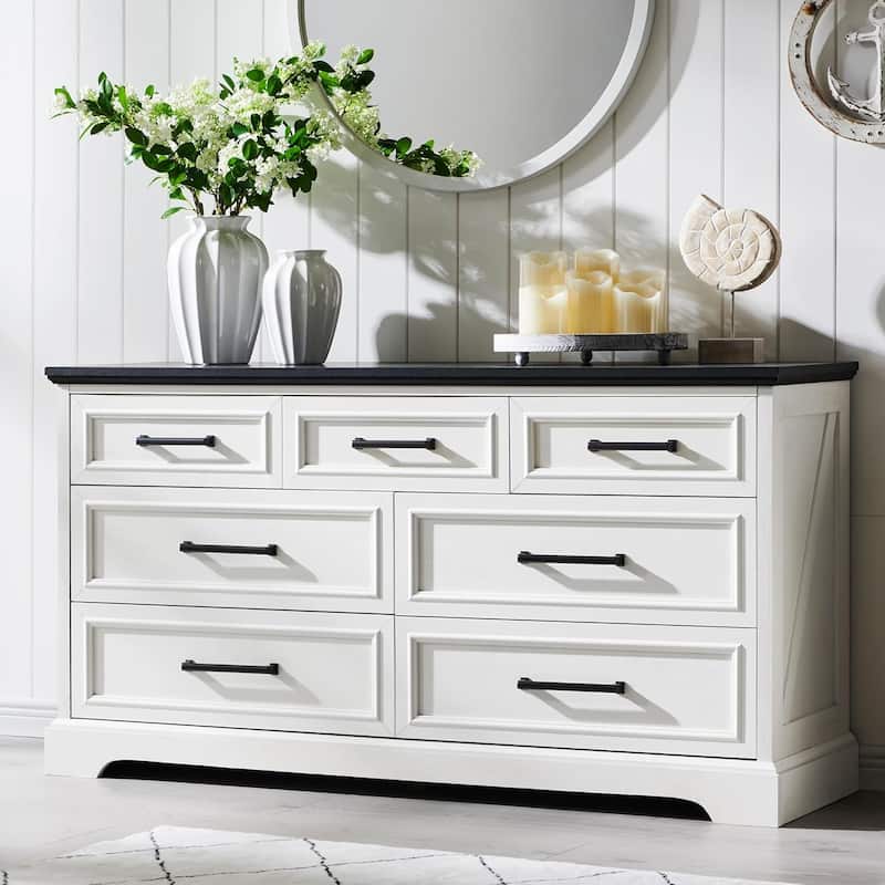 Farmhouse 7 Drawer Dresser for Bedroom, Chest of Drawers, TV Stand - White