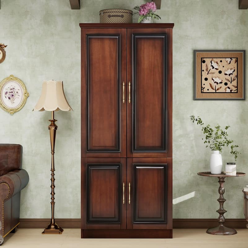 100% Solid Wood Armoire Wardrobe Closet, 70.87"H 2-Door Bedroom Armoire Closet with Hanging Rod/Drawers/Shelves, Walnut Finish