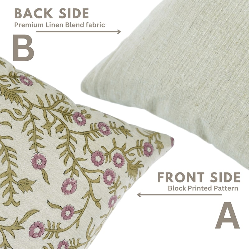 Fabdivine Hand Block Print Floral Pillow Cover Linen Cushion Case for Sofa Guest Room Fall Home Accent Gift, Shehjan