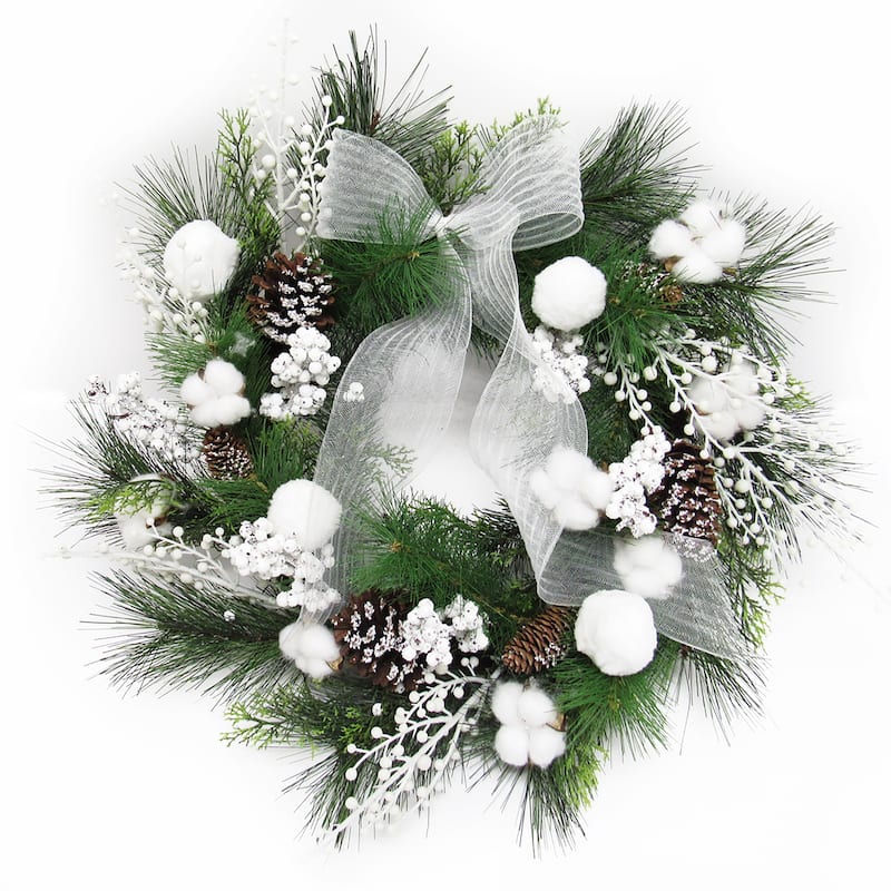 Artificial Frosty Cotton Berry Pine Cone & Pine Christmas Wreath 24in - 24" L x 24" W x 6" DP