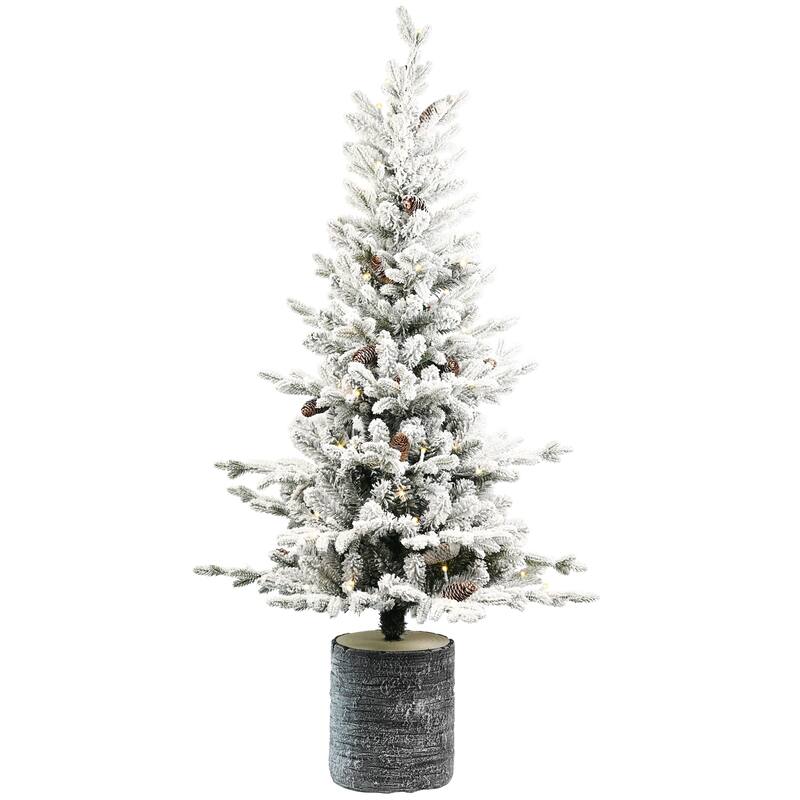Pre-Lit Flocked Tabletop Tree - Warm White LED Lights, PE+PVC Branches, Pine Cones, Pot Base - White+Green