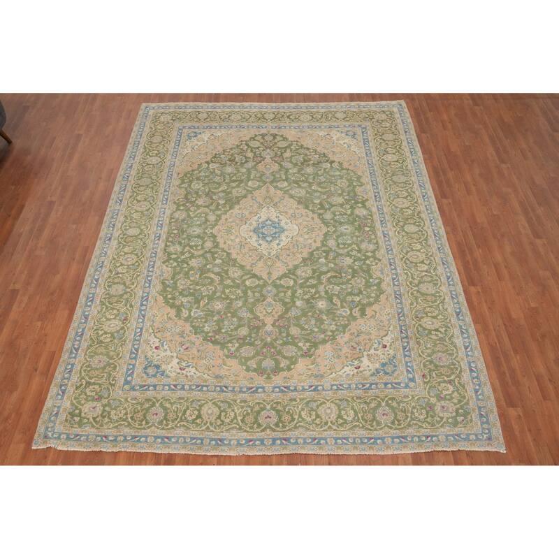 Hand Knotted Oriental 100% Wool Carpet Traditional Floral Green Kashan Area Rug - 12' 7'' X 9' 6''
