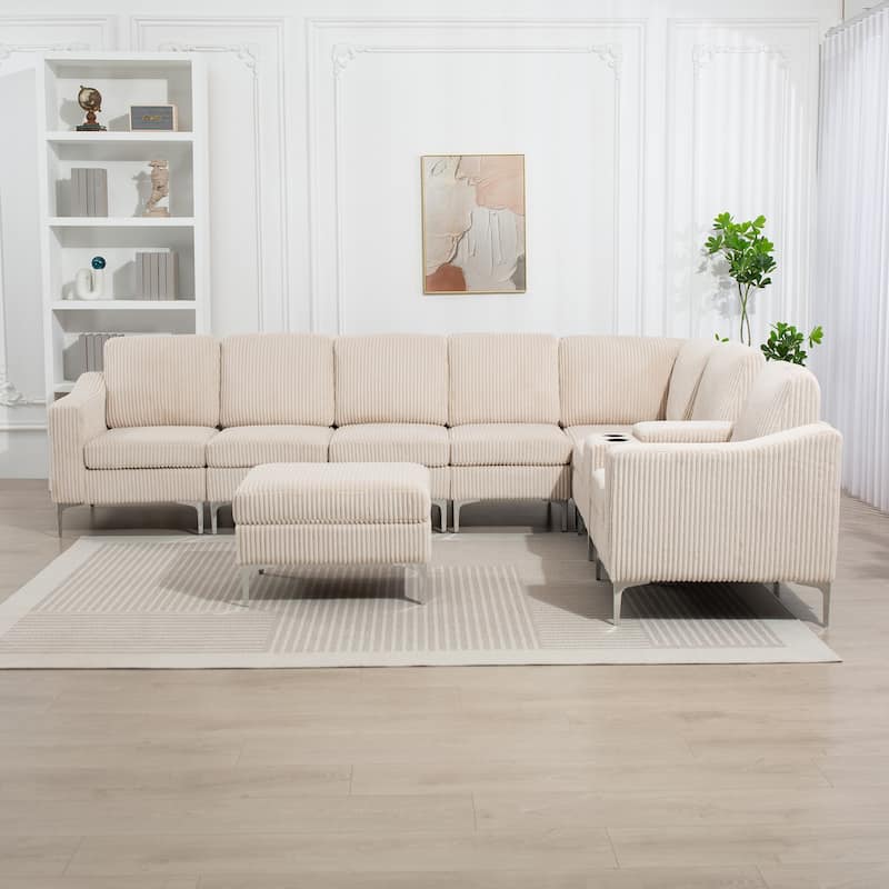 129.14" Corduroy Modular Sectional Sofa with Ottoman