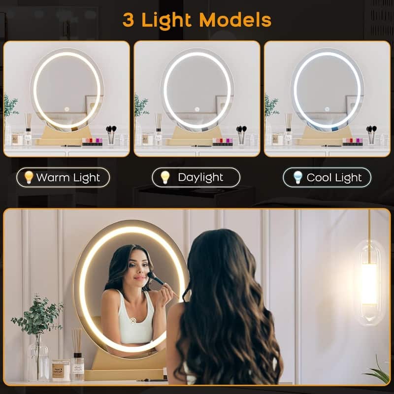 Makeup Vanity Desk with LED Mirror, 2 Drawers, Gold Legs & Padded Stool