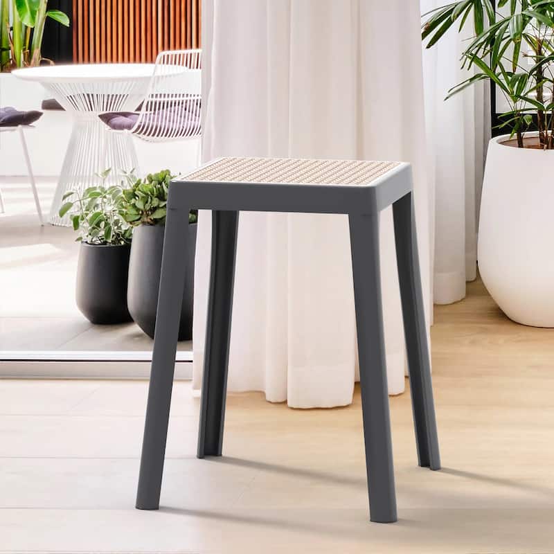 Tresse Modern Stackable Dining Stool with Wicker Seat for Dining Room, Garden, Patio, Indoor or Outdoor Set of 2
