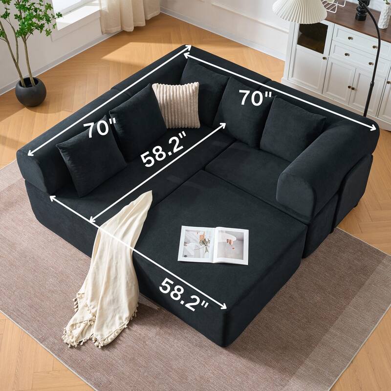Modular Sectional Sofa with L-Shape Chaise Lounge, Velvet Boneless Cloud Couch, Compressed Sofa with 5 Pillows