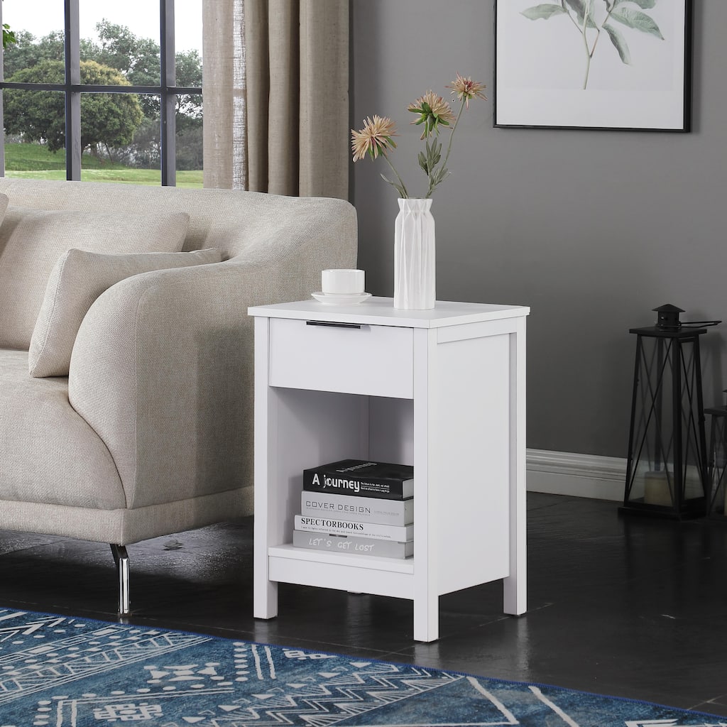 3-Tier Nightstand with Drawer and Open Shelves, Retro White Bedside Table for Bedroom and Living Room