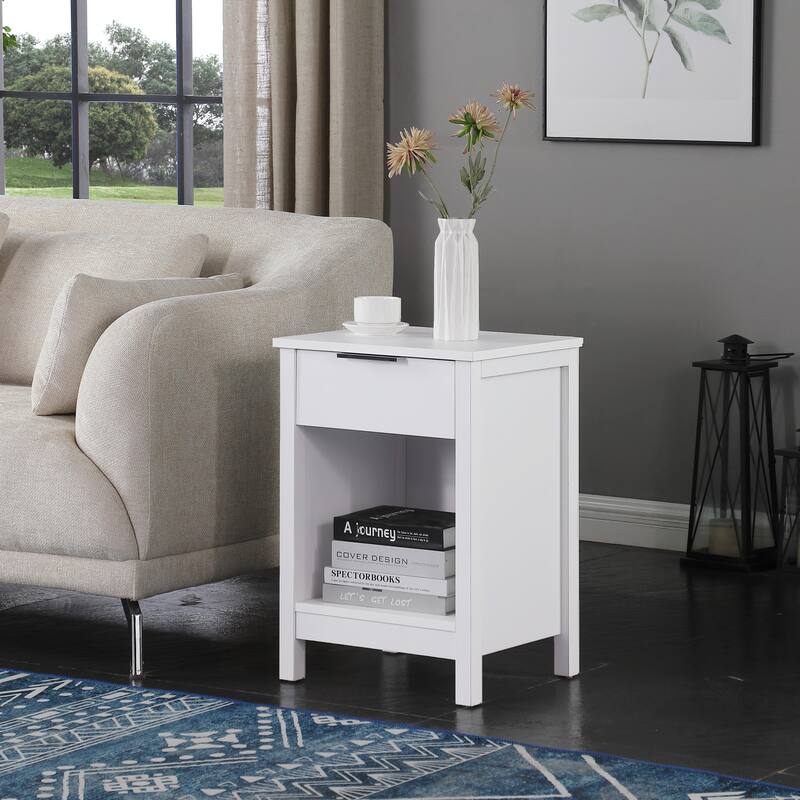 Nightstand File Cabinet Lamp Cabinet Corner Table with Drawer, White End Table Side Table with Open Shelf