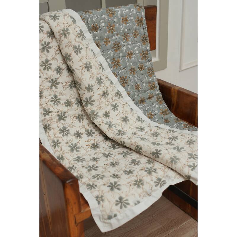 Fabdivine Artisan Handmade 100% Cotton Quilt - Brown Green Floral Block Print, Reversible Bohemian Bedding for Home