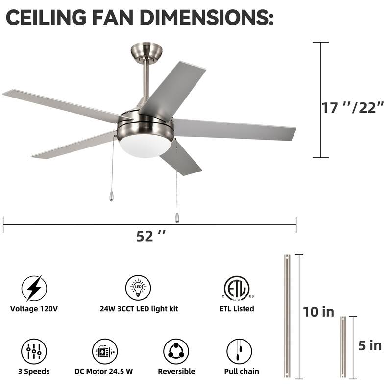 Matte Black/Brushed Nickel 52 in. Integrated LED Indoor 5-Blade Ceiling Fan with Pull Chain