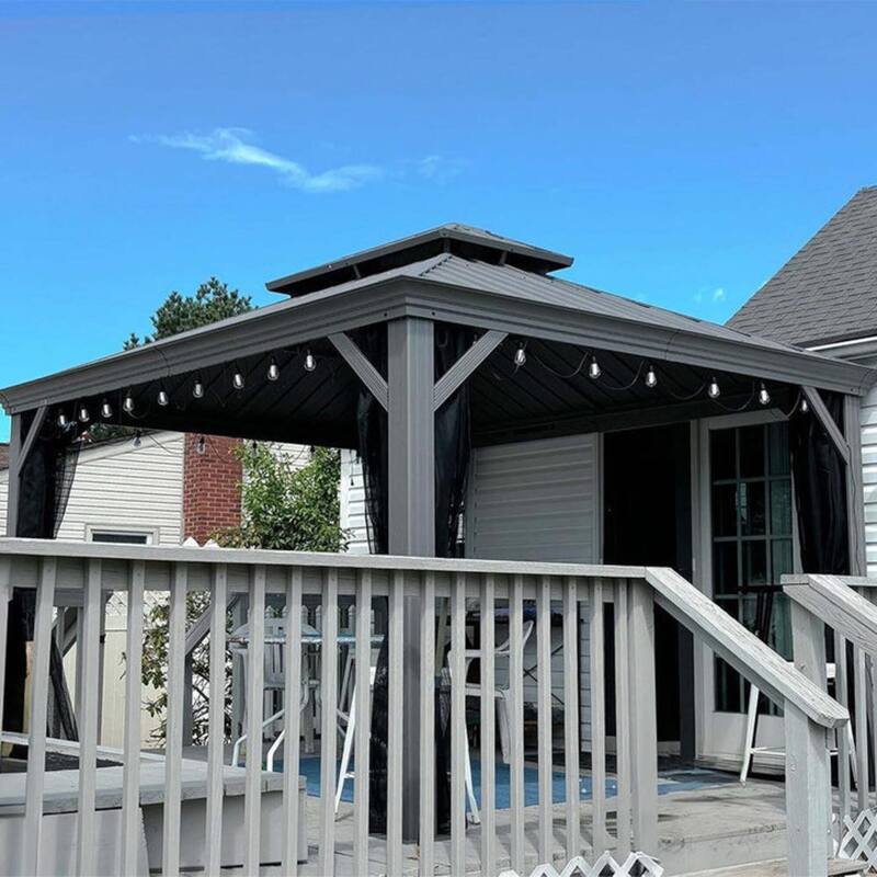 PURPLE LEAF Patio Gazebo for Backyard Hardtop Galvanized Steel Frame with Upgrade Curtain - Light Grey