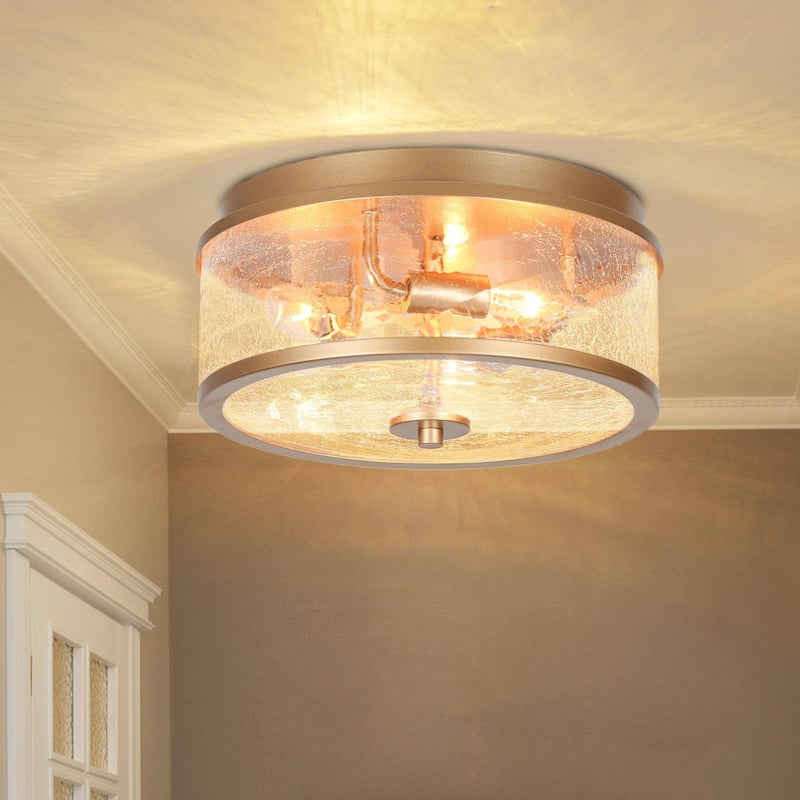 3-Light Modern Farmhouse Black Gold Drum Flush Mount Ceiling Light with Glass Shade - D12"×H6" - Gold
