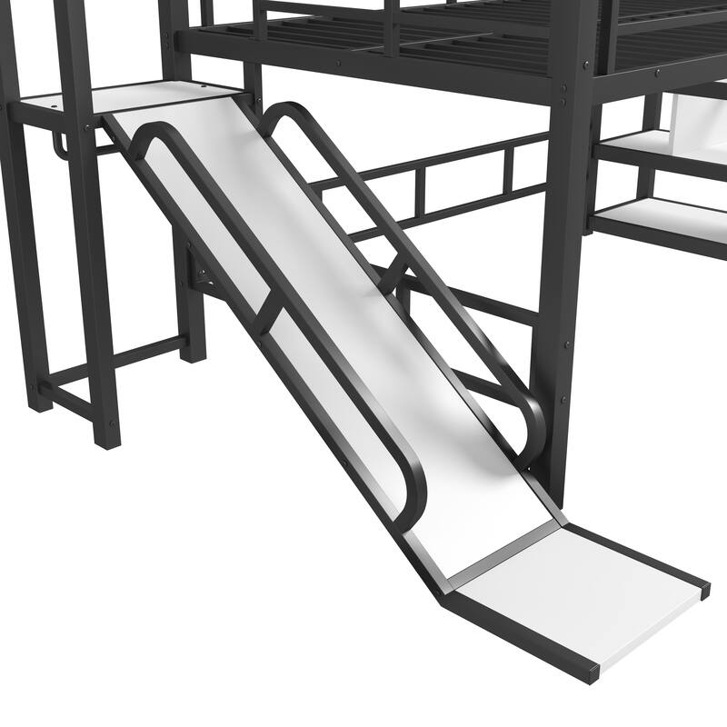 Roomfitters House Loft Bed with Slide and Stairs, Metal Playhouse Frame with Storage Shelves