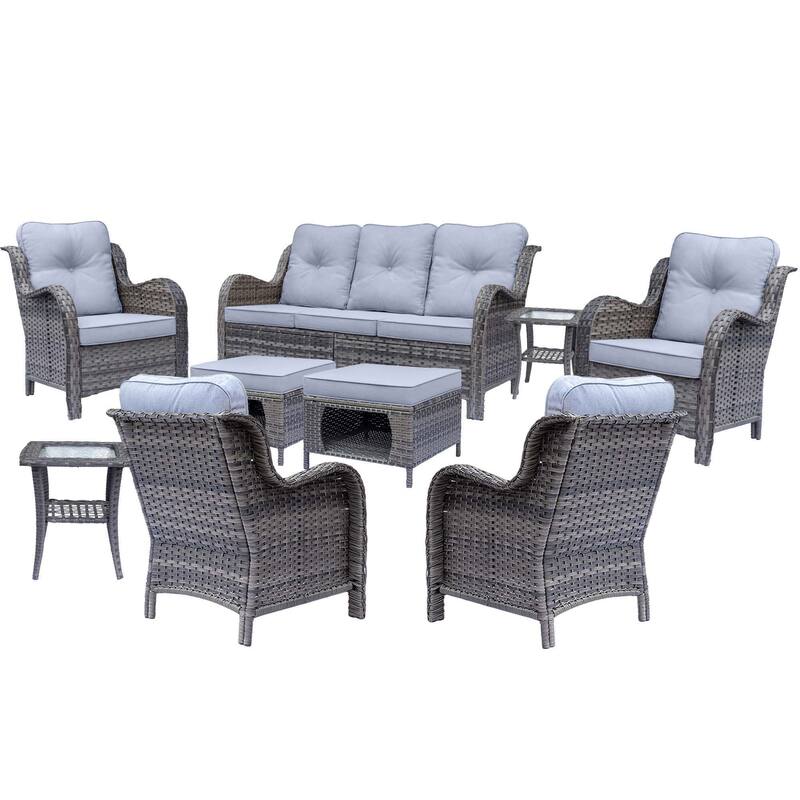 Gray Rattan Wicker High Back Outdoor Patio Furniture Sofa Seating Set