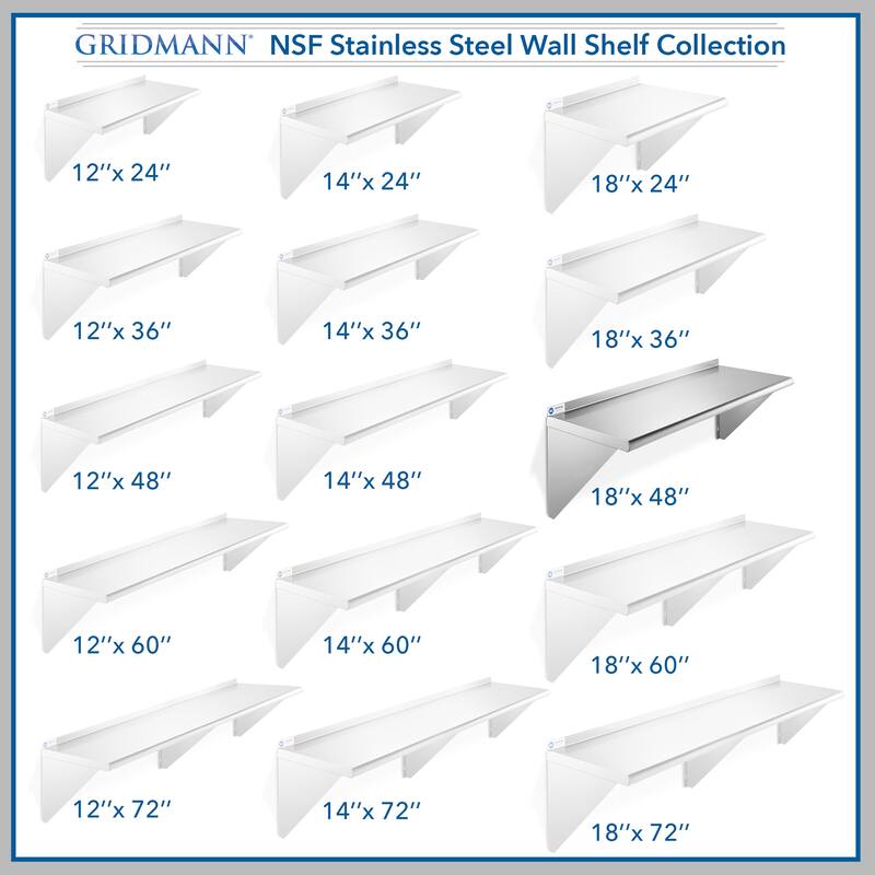 48 x 18in NSF Stainless Steel WallMount Shelf - 18" x 48"