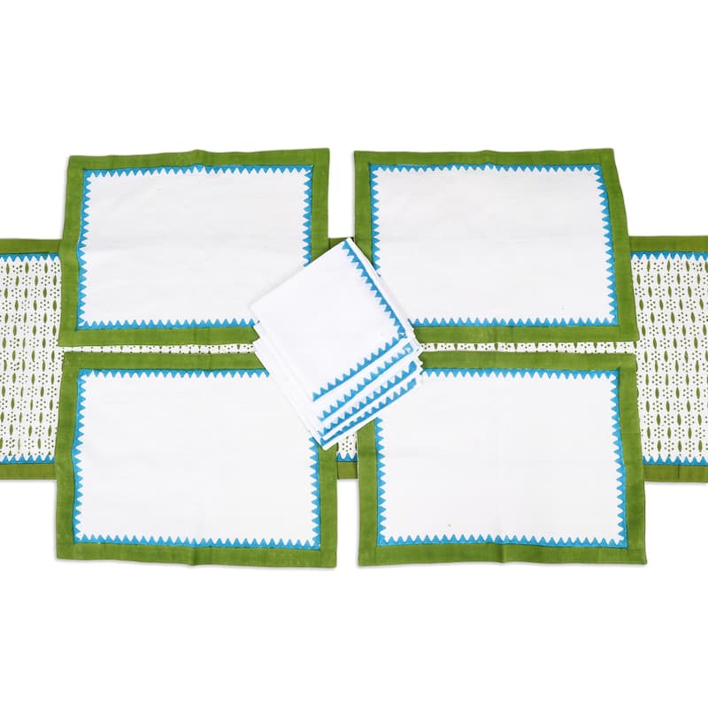 Novica Handmade Pyramid Saga Block-Printed Table Linen Set (Set For 4)