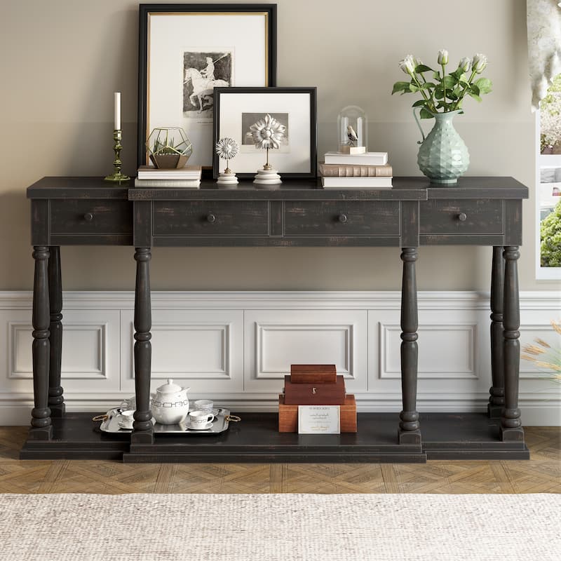 Retro Console Table with 4 Drawers and Floor Shelf