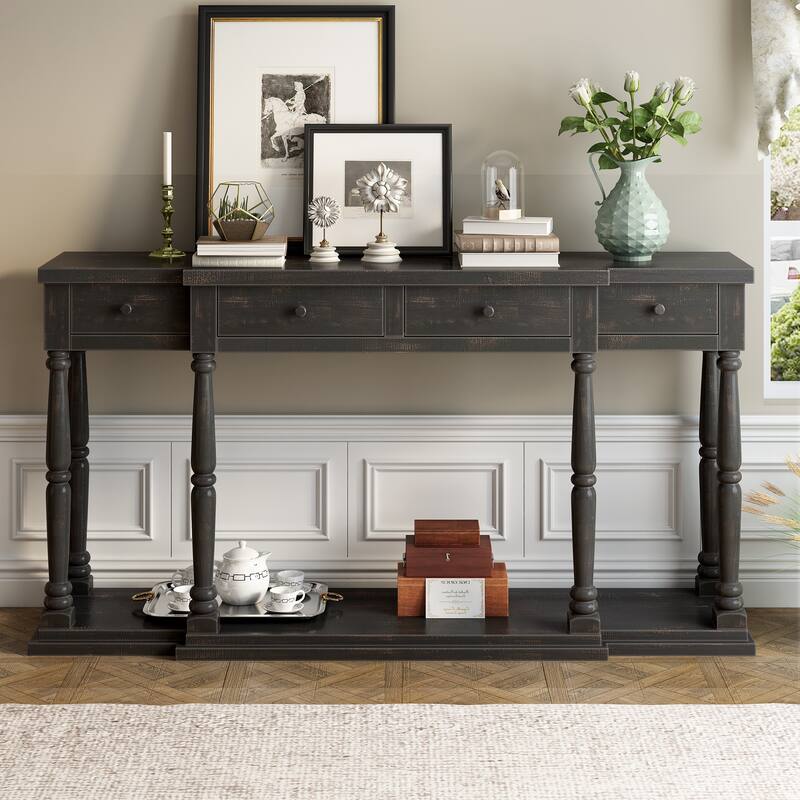 Wooden Console Table Hallway Tables with 4 Retro Storage Drawers and Open Storage Shelf Accent Table for Hallway