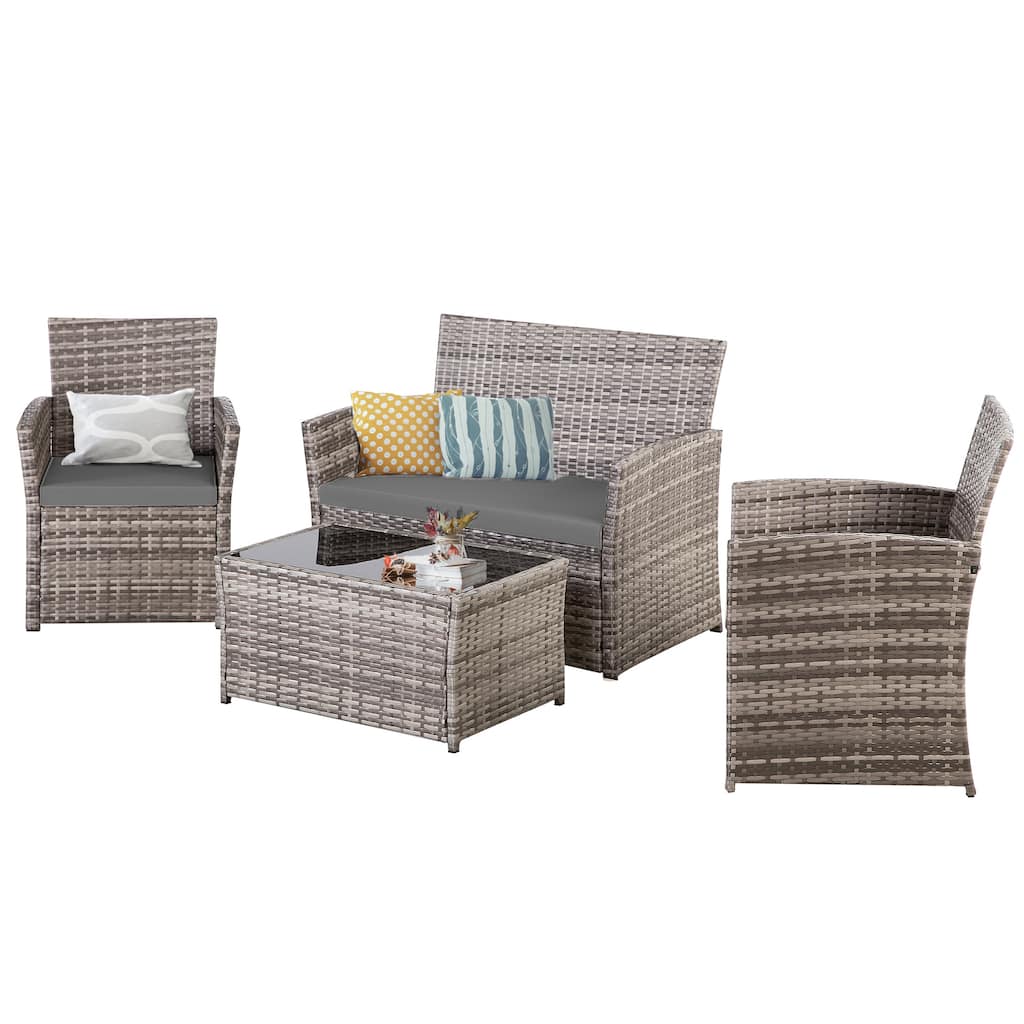 4-Piece Wicker Outdoor Sofa Set, 1 Loveseats, 2 Single Sofas, 1 Table