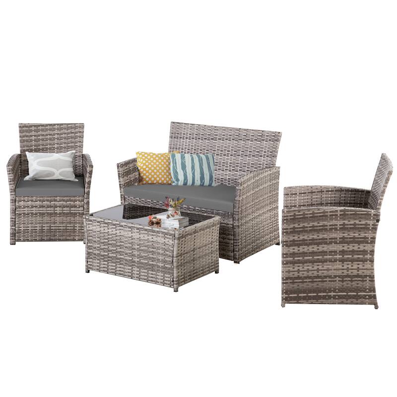 4-Piece Wicker Outdoor Sofa Set, 1 Loveseats, 2 Single Sofas, 1 Table - Gray
