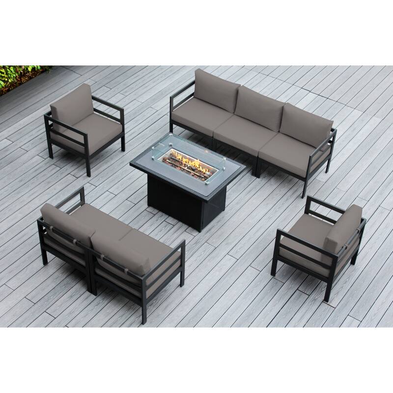 Ohana Outdoor 8-pc. Cushioned Aluminum Sectional with 42" Fire Table - Sunbrella Taupe