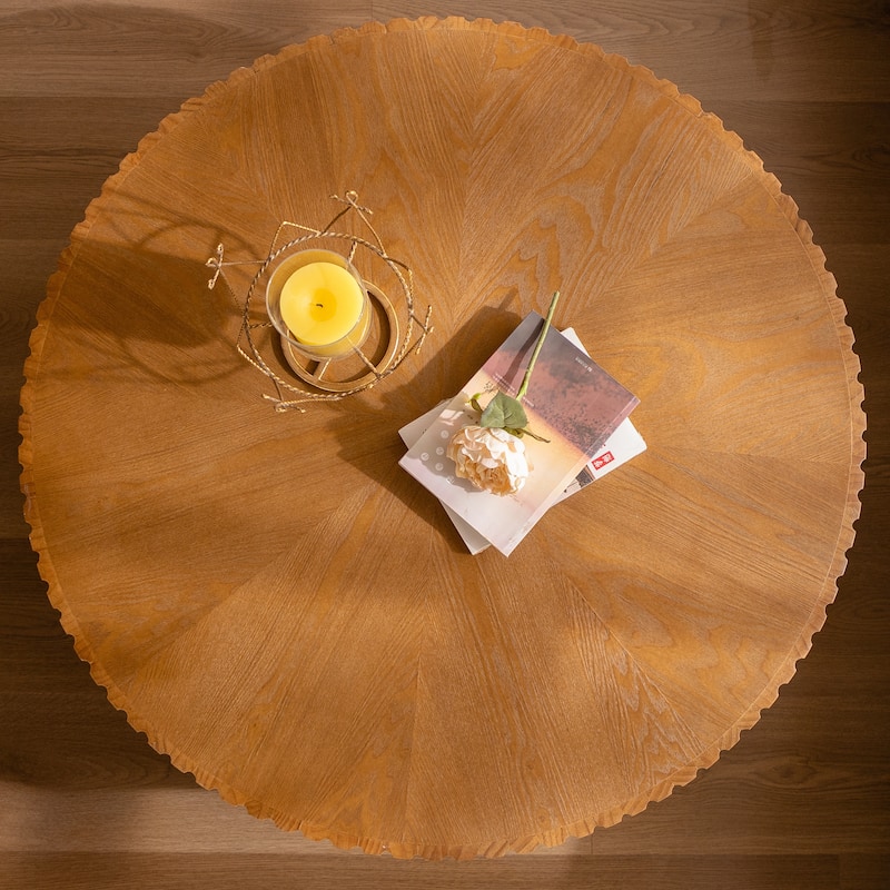 35.4 Inch Retro Round Coffee Table Multifunctional Coffee Table with 3 Solid Wood Legs for Living Room, Brown