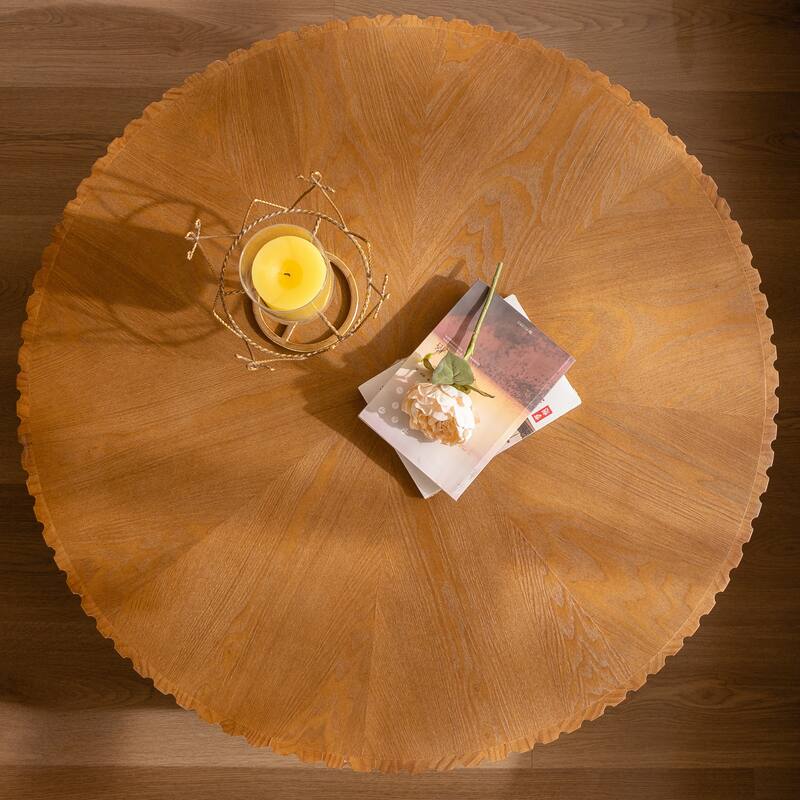 Round Vintage Coffee Table Home Decor Coffee Table with 3 Solid Wood Legs, for Living Room, Natural Color