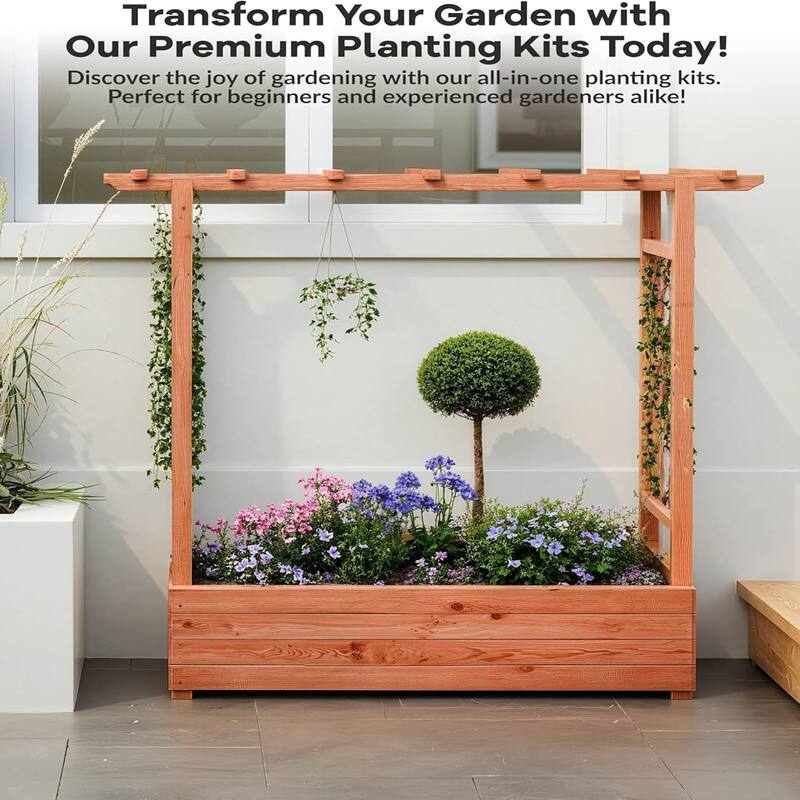 43x17x45 in Wooden Raised Planter Box with Built-In Trellis for Cucumbers Peas and Climbing Flowers