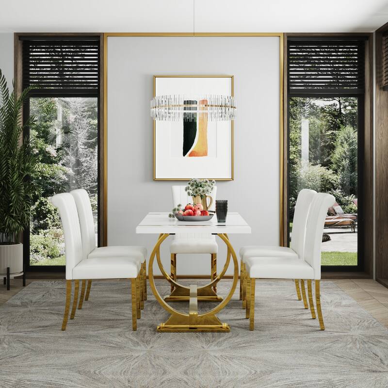 Modern White Dining Table with Polished Stainless Steel Circle Base