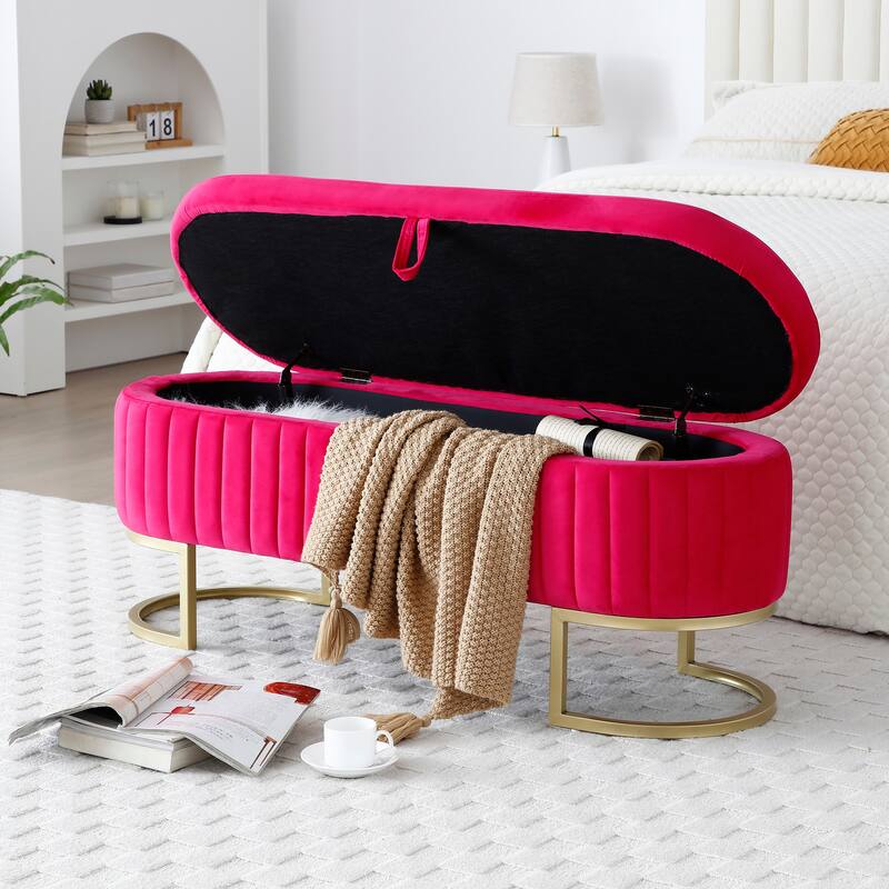 Storage Bench Bedroom Bench, Velvet Oval Upholstered End of Bed Bench with Golden Metal Legs, 50" Storage Ottoman Bench