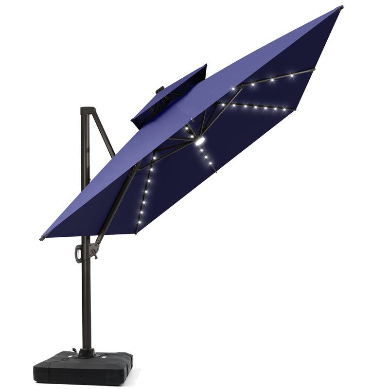 13 x 10ft Outdoor Aluminum Dual Top Patio Cantilever Umbrella LED Light with Weights Base - Navy Blue